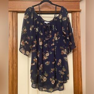 Purple Snow Floral Navy Off Shoulder Chiffon Blouse Sz M 2 Tiers